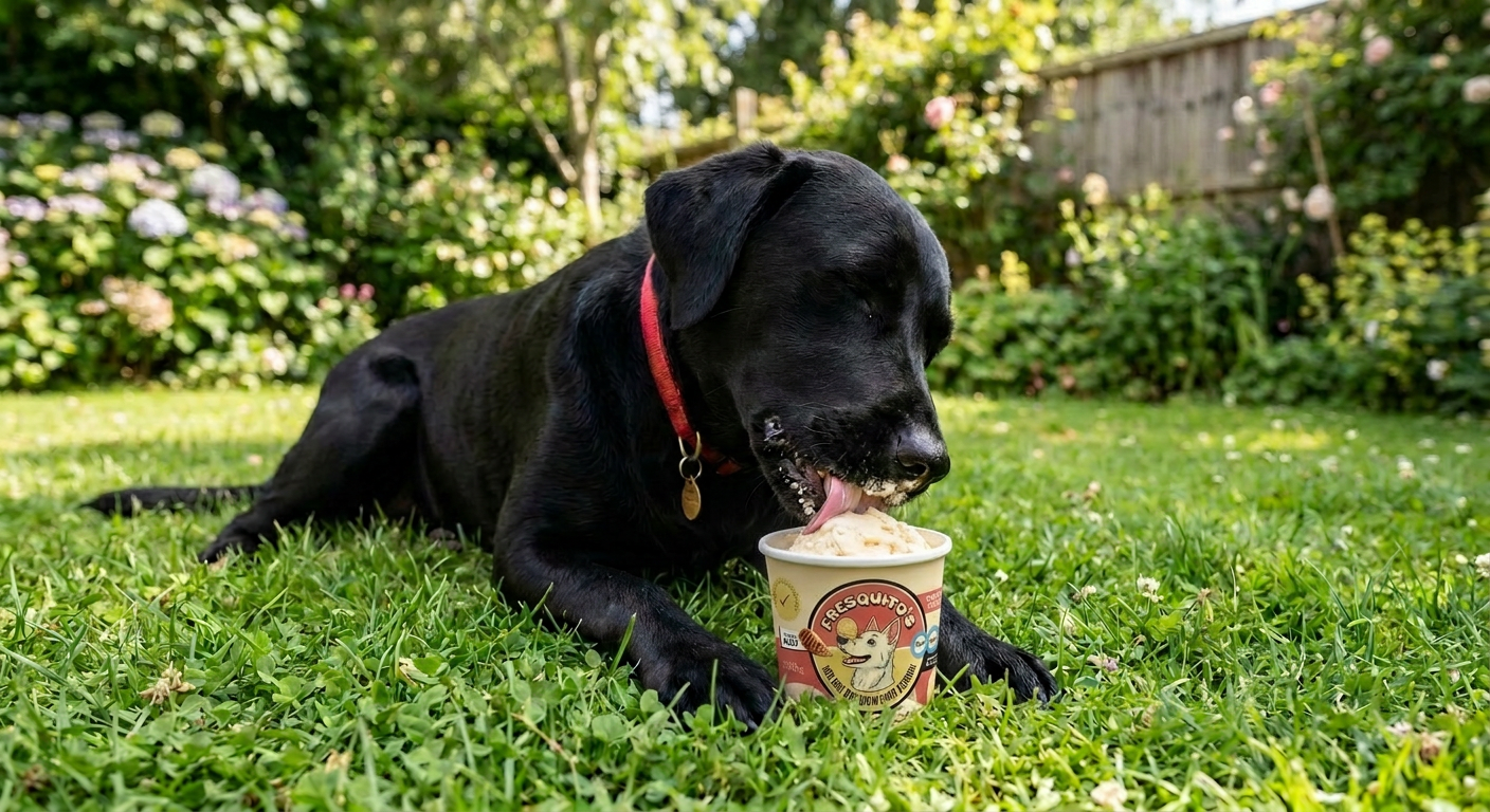 Labrador disfrutando un Fresquito's en el jardín
